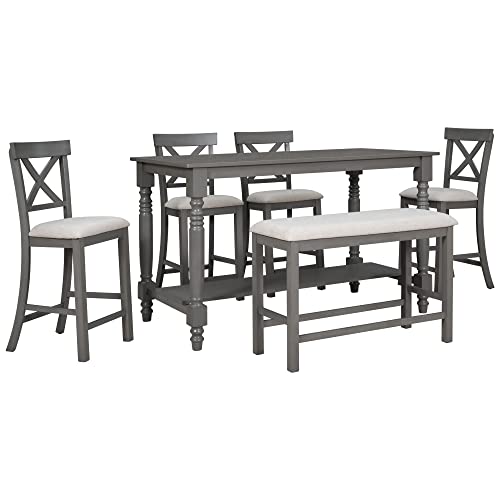 LUMISOL Farmhouse Rustic Kitchen Dining Table Set of 6 with Bench and Chairs Counter Height Dining Room Table Set with Recantgle Table with Storage Shelf and Upholstered Seating