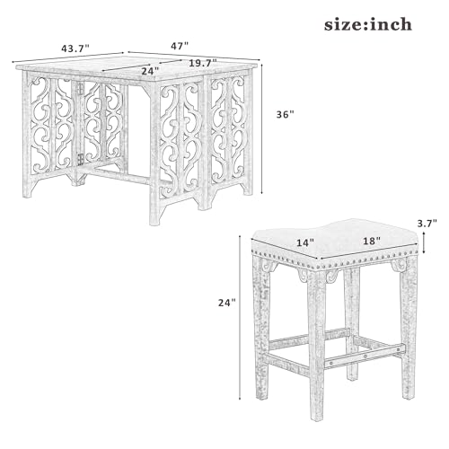 Miscoos Extendable Dining 3-Piece Retro Solid Wood Counter Height Pub Set with Foldable Table and 2 Saddle Stools Brown for Kitchen and Small Spaces,Distressed