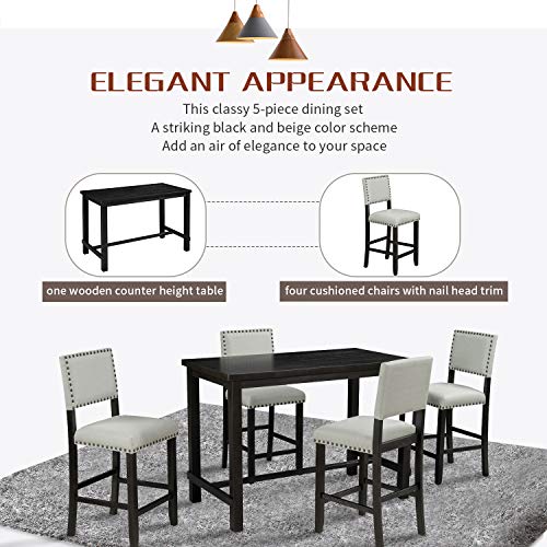 RITSU Elegant 5 Piece Counter Height Dining Table Set with 4 Upholstered Chairs w/Rivet Trim, Solid Wood Construction, Suitable for Living Room, Kitchen, Espresso and Beige, 52inch