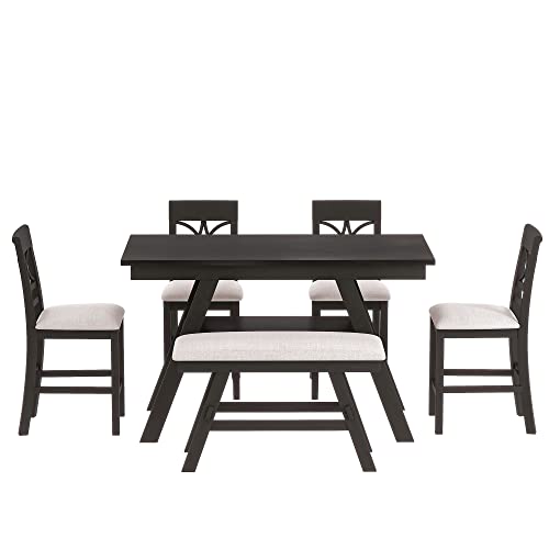 Linique 6-Piece Wood Counter Height Dining Table Set with Storage Bottom Shelf,Rustic Style Kitchen Table Set of 6 with Upholstered Bench and 4 Chairs,Espresso+Beige Cushion