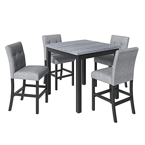 DINTABBLE 5-Piece Counter Height Dining Set-Square Wood Table and 4 Upholstered High-Back Chairs with Footrest for Kitchen Furniture-Classic Black Finish