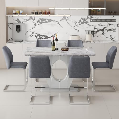 LUFTUT 7 Piece Modern Dining Table Set for 6,Counter Height Dining Table Set,63" Faux Marble Room Table with 6 Grey Leather Barstools,Bar Height Table and Chairs Ideal for Pub Kitchen