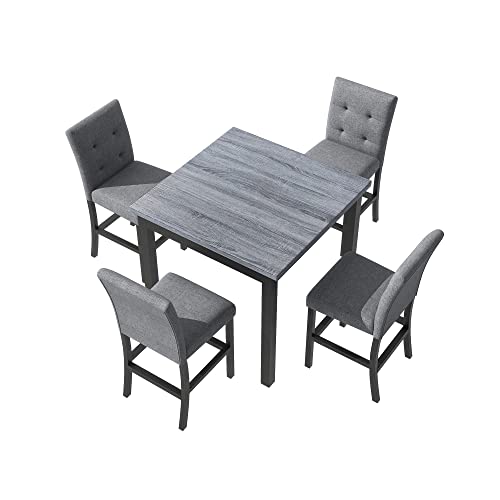DINTABBLE 5-Piece Counter Height Dining Set-Square Wood Table and 4 Upholstered High-Back Chairs with Footrest for Kitchen Furniture-Classic Black Finish