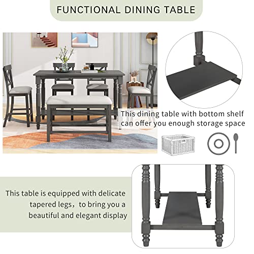 LUMISOL Farmhouse Rustic Kitchen Dining Table Set of 6 with Bench and Chairs Counter Height Dining Room Table Set with Recantgle Table with Storage Shelf and Upholstered Seating