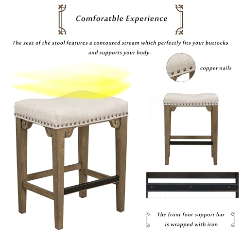 Miscoos Extendable Dining 3-Piece Retro Solid Wood Counter Height Pub Set with Foldable Table and 2 Saddle Stools Brown for Kitchen and Small Spaces,Distressed