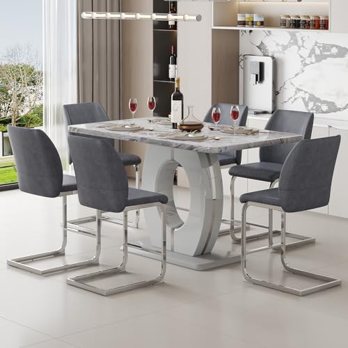 LUFTUT 7 Piece Modern Dining Table Set for 6,Counter Height Dining Table Set,63" Faux Marble Room Table with 6 Grey Leather Barstools,Bar Height Table and Chairs Ideal for Pub Kitchen