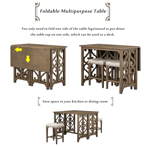 Miscoos Extendable Dining 3-Piece Retro Solid Wood Counter Height Pub Set with Foldable Table and 2 Saddle Stools Brown for Kitchen and Small Spaces,Distressed