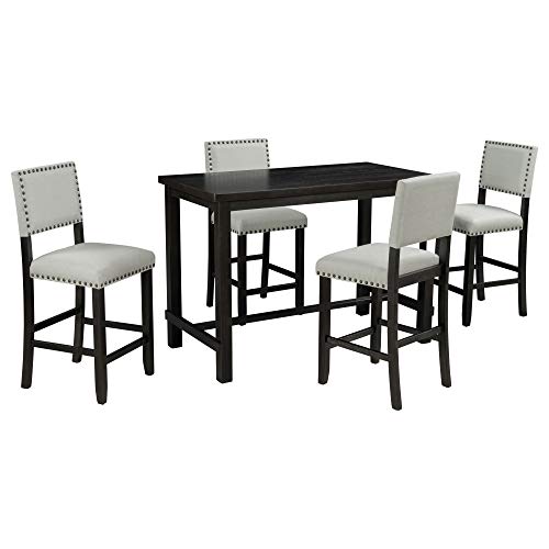 RITSU Elegant 5 Piece Counter Height Dining Table Set with 4 Upholstered Chairs w/Rivet Trim, Solid Wood Construction, Suitable for Living Room, Kitchen, Espresso and Beige, 52inch
