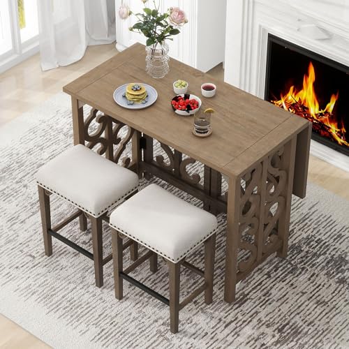 Miscoos Extendable Dining 3-Piece Retro Solid Wood Counter Height Pub Set with Foldable Table and 2 Saddle Stools Brown for Kitchen and Small Spaces,Distressed