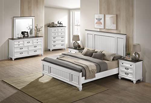 Roundhill Furniture Clelane Wood Bedroom Set with Shiplap Panel Bed, Dresser, Mirror, Two Nightstands, and Chest, King, Weathered White and Walnut