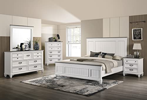 Roundhill Furniture Clelane Wood Bedroom Set with Shiplap Panel Bed, Dresser, Mirror, Two Nightstands, and Chest, King, Weathered White and Walnut