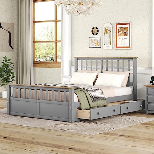 Flieks 3-Pieces Bedroom Furniture Sets, Bedroom Sets Storage Queen Size Platform Bed with Nightstand(USB Charging Ports) and Storage Chest, Gray+Natrual