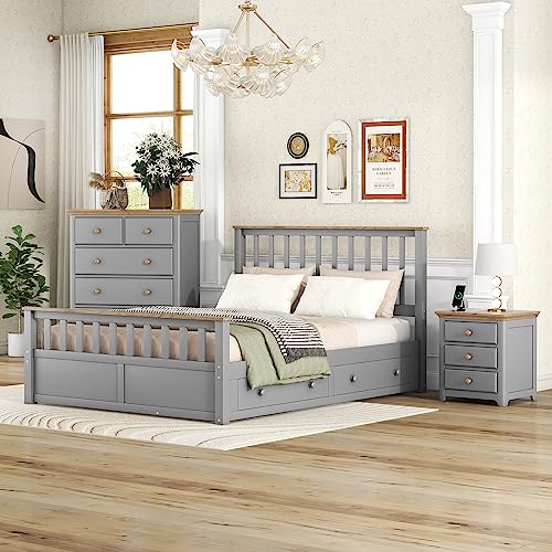 Merax Bedroom Set with Queen Grey Pieces Modern Framhouse Wood Size Platform Bed, Nightstand with 3 USB Charging, Tall 6-Drawer Chest Walnut