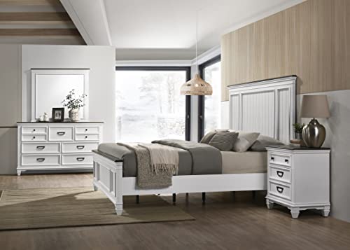 Roundhill Furniture Clelane Wood Bedroom Set with Shiplap Panel Bed, Dresser, Mirror, Two Nightstands, and Chest, King, Weathered White and Walnut