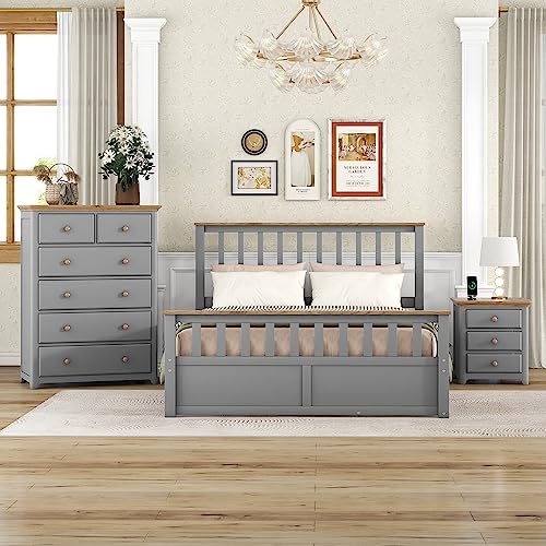 Merax Bedroom Set with Queen Grey Pieces Modern Framhouse Wood Size Platform Bed, Nightstand with 3 USB Charging, Tall 6-Drawer Chest Walnut