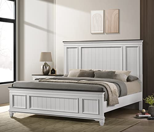 Roundhill Furniture Clelane Wood Bedroom Set with Shiplap Panel Bed, Dresser, Mirror, Two Nightstands, and Chest, King, Weathered White and Walnut