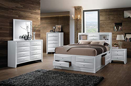 Wood Furniture 5-Piece Bedroom Set Bed w/Storage, Chest, Dresser, Nightstand and Mirror (White, Queen)