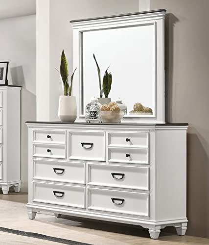 Roundhill Furniture Clelane Wood Bedroom Set with Shiplap Panel Bed, Dresser, Mirror, Two Nightstands, and Chest, King, Weathered White and Walnut