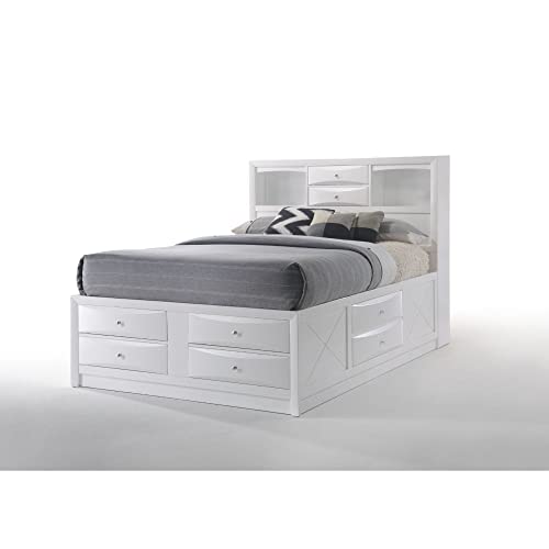 Wood Furniture 5-Piece Bedroom Set Bed w/Storage, Chest, Dresser, Nightstand and Mirror (White, Queen)