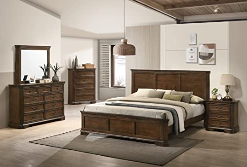Roundhill Furniture Maderne Traditional Wood Panel Bed with Dresser, Mirror, Nightstand, Chest, King, Antique Walnut