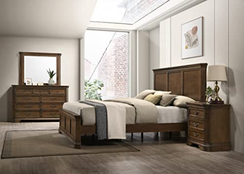 Roundhill Furniture Maderne Traditional Wood Panel Bed with Dresser, Mirror, Nightstand, Chest, King, Antique Walnut