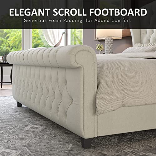 AMERLIFE King Size Platform Bed Frame, Chenille Upholstered Sleigh Bed with Scroll Wingback Headboard & Footboard/Button Tufted/No Box Spring Required/Cream
