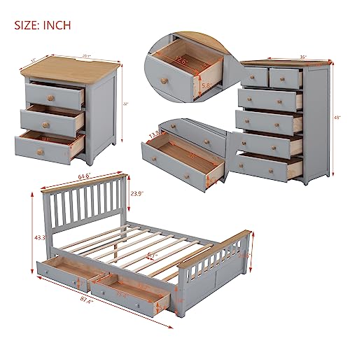 Merax Bedroom Set with Queen Grey Pieces Modern Framhouse Wood Size Platform Bed, Nightstand with 3 USB Charging, Tall 6-Drawer Chest Walnut