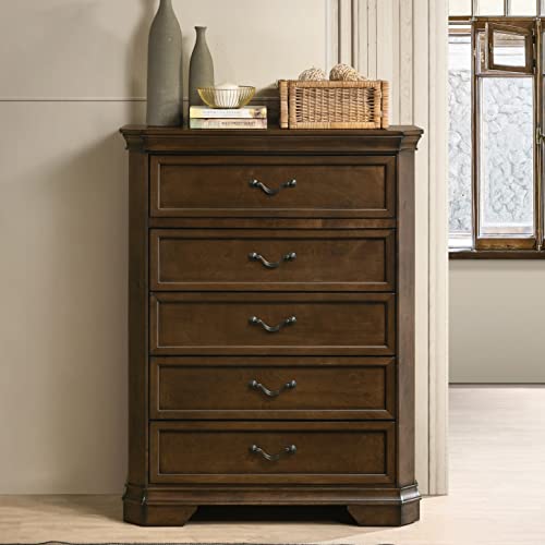 Roundhill Furniture Maderne Traditional Wood Panel Bed with Dresser, Mirror, Nightstand, Chest, King, Antique Walnut