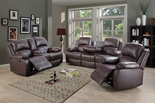 Brown Leather Reclining Sofa Set with Loveseat & Chair