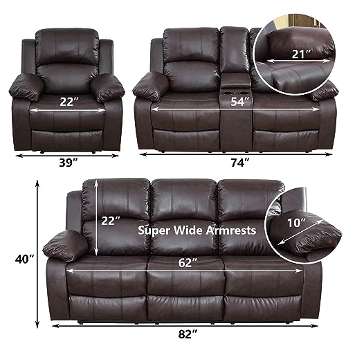 Brown Leather Reclining Sofa Set with Loveseat & Chair