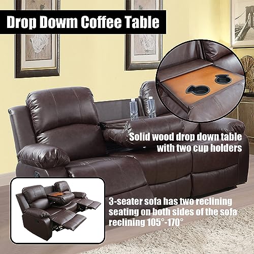 Brown Leather Reclining Sofa Set with Loveseat & Chair
