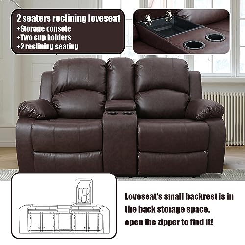 Brown Leather Reclining Sofa Set with Loveseat & Chair