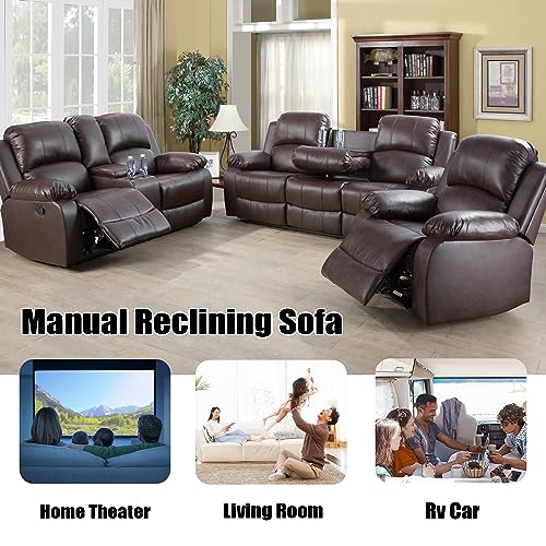 Brown Leather Reclining Sofa Set with Loveseat & Chair