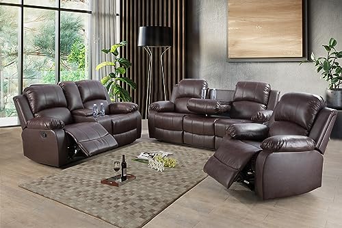 Brown Leather Reclining Sofa Set with Loveseat & Chair