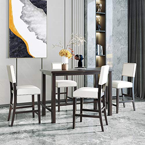 Dinehome 5 Piece Wooden Counter Height Dining Table Set with 4 Padded Chairs with Nailhead Trim for Kitchen, Breakfast Nook, Bar, Espresso + Beige