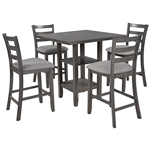 Merax Wood Counter Height Dining Table Set with Storage Table and Padded Chairs for Small Space, 5 Piece Kitchen Dining Room Furniture Table Set