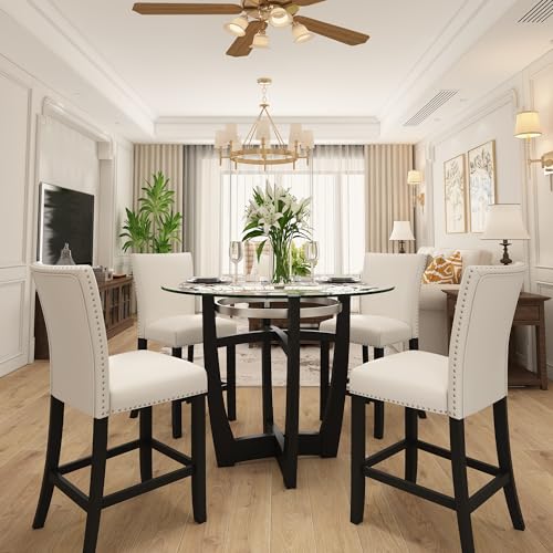 Glass Counter Height Bar Table Stools Set of 4, 42" Round Tempered Glasstop Counter Height Table Stools Set 26"H Barstools Chairs with Upholstered Back for Bar Kitchen Restaurant, Ivory White