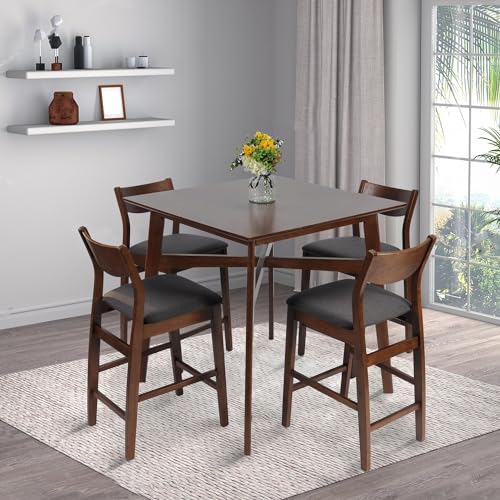 LUCKYERMORE 5 Piece Counter Height Dining Table Set with 4 Bar Stools Mid Century Kitchen Dining Room Pub Table and Chairs for 4 Wood Dinette Set, Walnut