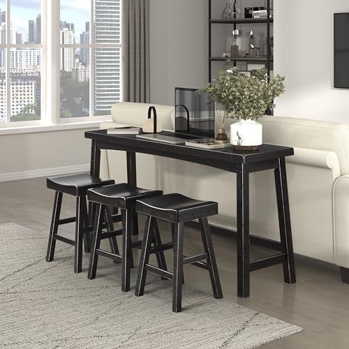 Lexicon Bar Table Set for 3, Small Kitchen table set Kitchen Island Table with 3 Saddle Bar Stools, 4 Piece Dining Table Set for Breakfast Nook, Living Room, Apartment, Counter Height, Black