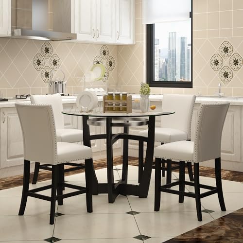 Glass Counter Height Bar Table Stools Set of 4, 42" Round Tempered Glasstop Counter Height Table Stools Set 26"H Barstools Chairs with Upholstered Back for Bar Kitchen Restaurant, Ivory White