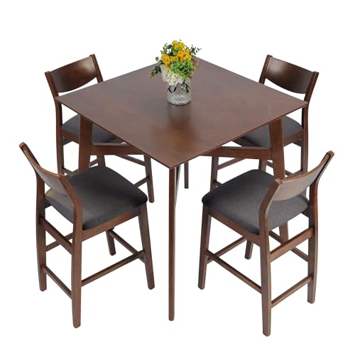 LUCKYERMORE 5 Piece Counter Height Dining Table Set with 4 Bar Stools Mid Century Kitchen Dining Room Pub Table and Chairs for 4 Wood Dinette Set, Walnut
