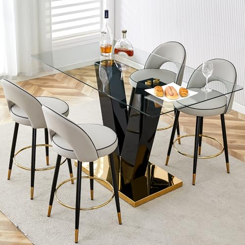 LUFTUT Counter Height Dining Table Set for 4,Pub Bar Table & Grey 360°Swivel Counter Stools,Glass Bar Table and Chairs Set,Tall Kitchen Table Set for Kitchen,Pub,Breakfast Nook…