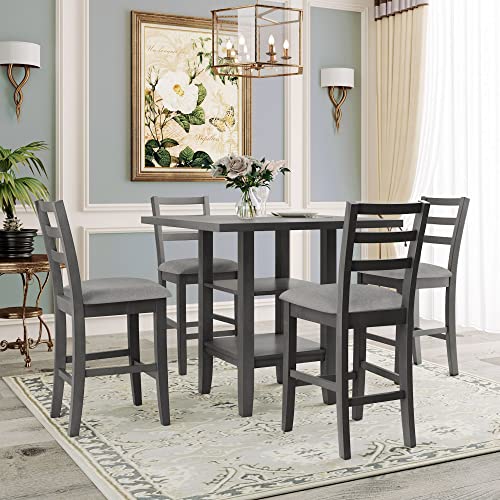 P PURLOVE 5 Piece Counter Height Dining Table Set for 4,Wood Kitchen Table Set with Table with Storage Shelf and 4 Padded Chairs,Farmhouse Kitchen Table Set for Small Place,Gray