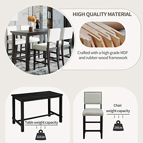 Dinehome 5 Piece Wooden Counter Height Dining Table Set with 4 Padded Chairs with Nailhead Trim for Kitchen, Breakfast Nook, Bar, Espresso + Beige