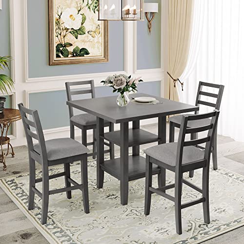 P PURLOVE 5 Piece Counter Height Dining Table Set for 4,Wood Kitchen Table Set with Table with Storage Shelf and 4 Padded Chairs,Farmhouse Kitchen Table Set for Small Place,Gray