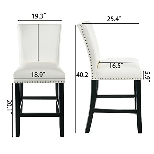 Glass Counter Height Bar Table Stools Set of 4, 42" Round Tempered Glasstop Counter Height Table Stools Set 26"H Barstools Chairs with Upholstered Back for Bar Kitchen Restaurant, Ivory White