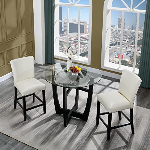 Glass Counter Height Bar Table Stools Set of 4, 42" Round Tempered Glasstop Counter Height Table Stools Set 26"H Barstools Chairs with Upholstered Back for Bar Kitchen Restaurant, Ivory White