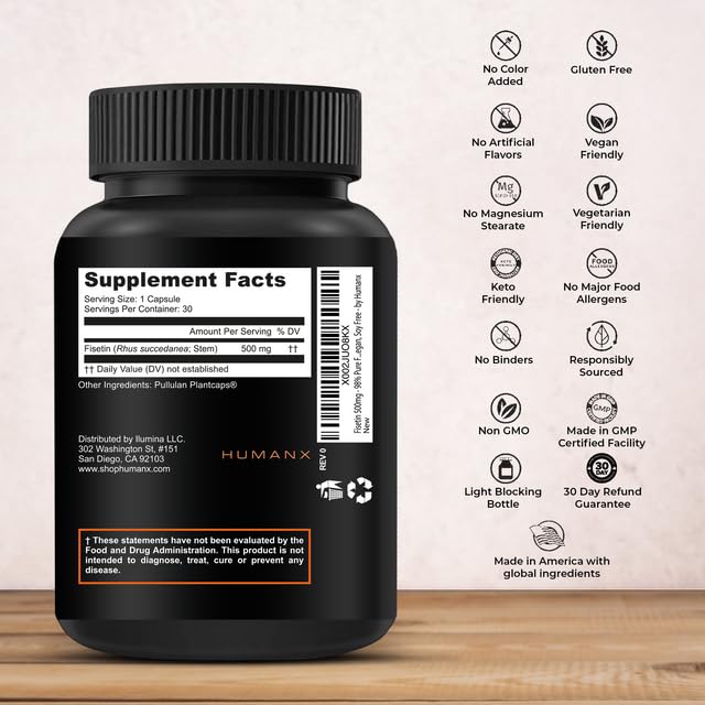 500mg Pure Fisetin Capsules - USA Made, Non-GMO