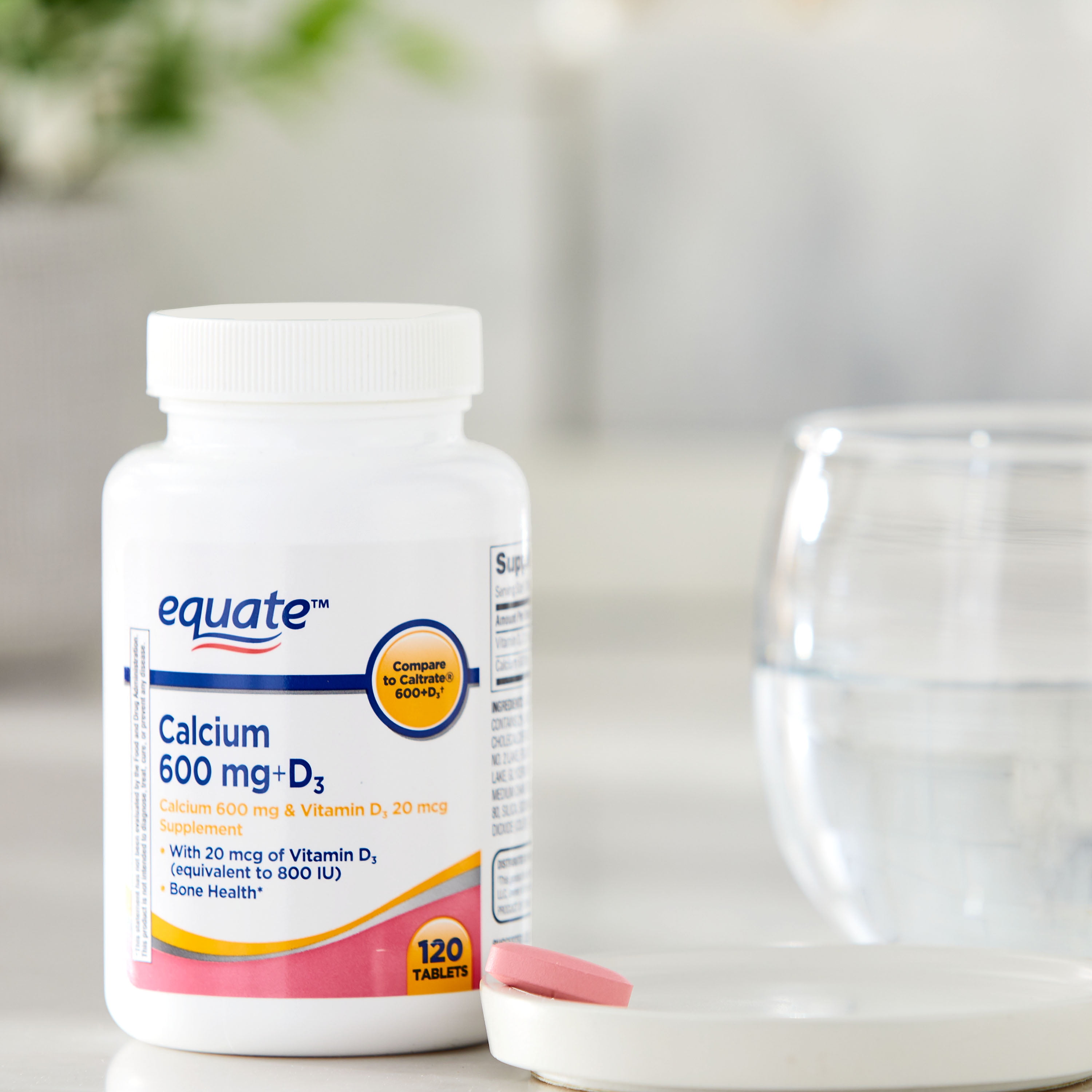 Equate Calcium + D3 Tablets Dietary Supplement, 600 mg, 120 Count