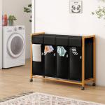 Bambus Wäschekorb mit Rollen und 4 Fächern